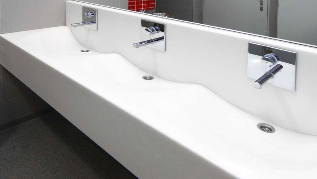Public Commercial Healthcate Bacteria Water Mould Stain Resistant Dupont Corian Acrylic Solid Surface Moulded Sink Wash Basin Washtrough Hygenic Non Porous