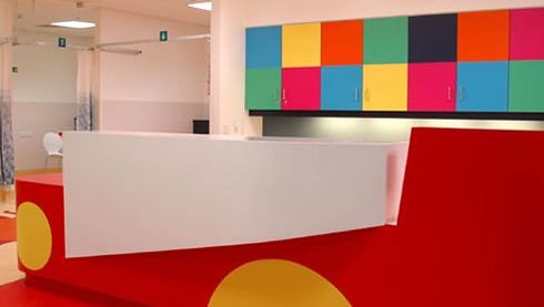 Design Paediatrics Fun Healing Colours Child Childrens Ward Non Porous Healthcare NHS Laboratory Lab Hospital Surgery GP Dental Bacteria Water Mould Stain Chemical Disinfectant Resistant Dupont Corian Acrylic Solid Surface Moulded Sink Wash Basin Hygienic 
